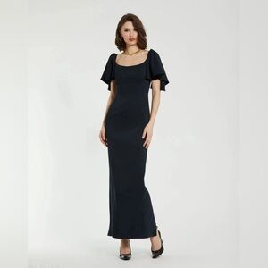 NWT Mac Duggal Navy Crepe Fitted Column Dress With Short Ruffle Sleeves Size 10